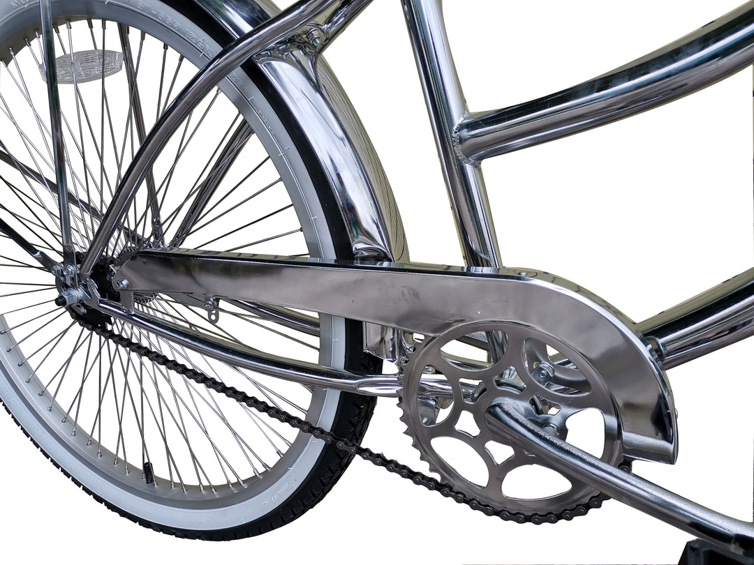 Close up of Micargi Cougar GTS Beach Cruiser Bike Chrome Chain Gard and Spokes