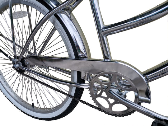 Close up of Micargi Cougar GTS Beach Cruiser Bike Chrome Chain Gard and Spokes