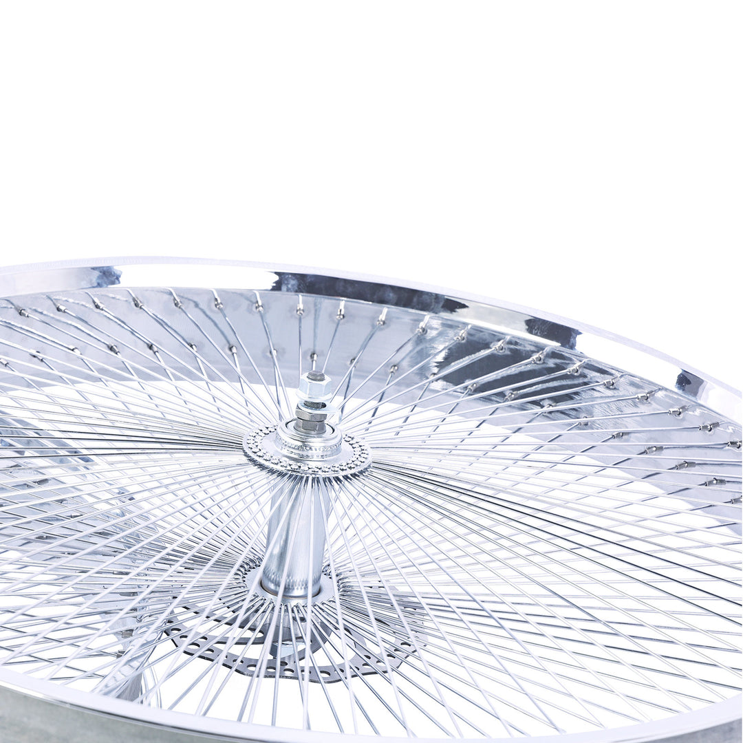 Close up of Micargi 29"*3" Chrome Fat Rim Bike Disc Brake Front Wheel