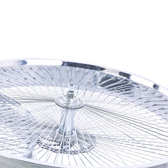 Close up of Micargi 29"*3" Chrome Fat Rim Bike Disc Brake Front Wheel