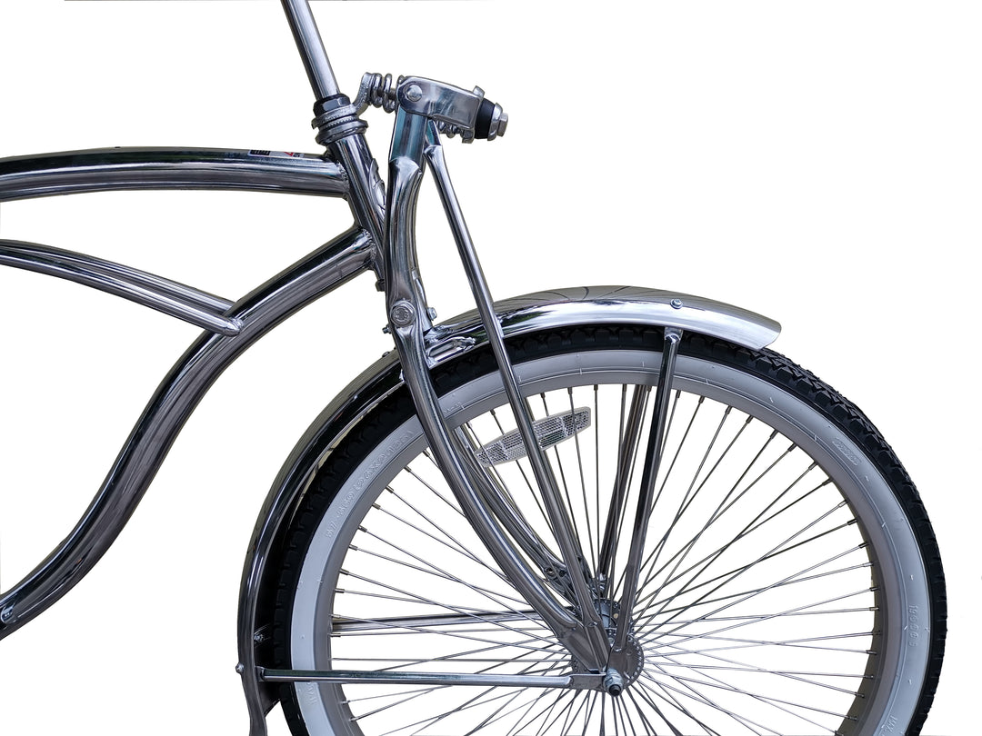 Close up of Micargi Cougar GTS Beach Cruiser Bike Chrome Spring Fork