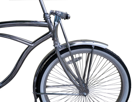 Close up of Micargi Cougar GTS Beach Cruiser Bike Chrome Spring Fork