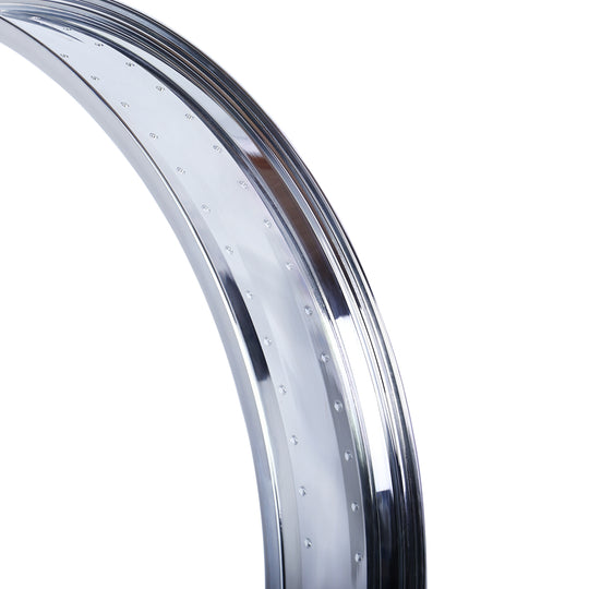 close up of Micargi chrome mirror rim for 29" 3" 4" fat tire beach bike 140 spokes