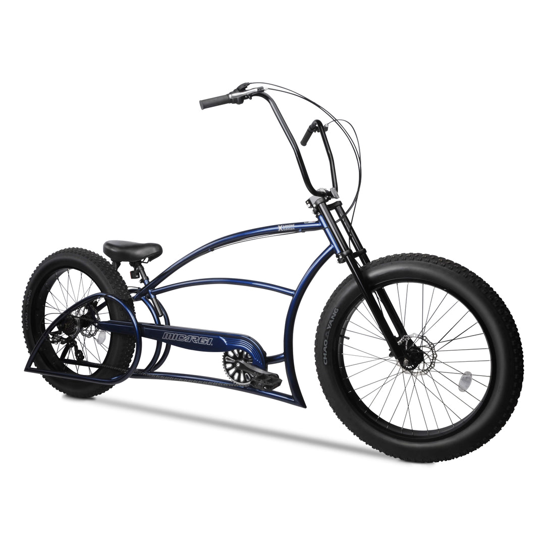 Side View of Micargi Bombita XLE 7/ GT7 Chopper Cruier Bike Triple Tree Fork in Blue