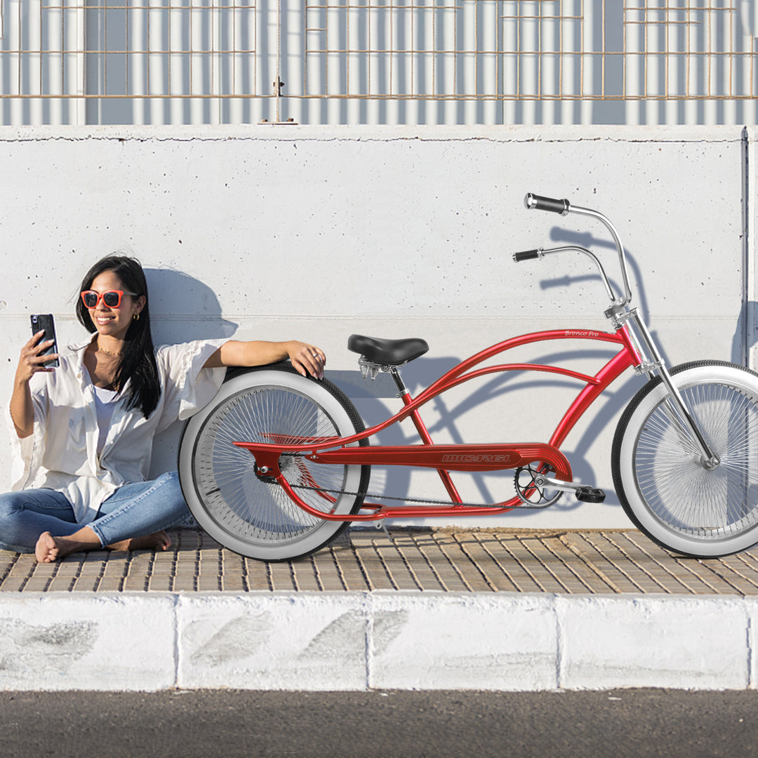 Micargi Bronco Pro 26” Stretch Cruiser Bike Red 3.0 Fat Tire