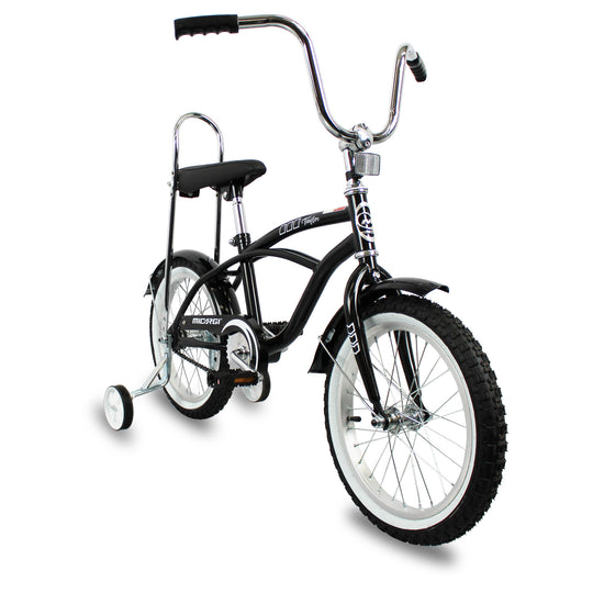 side view of Micargi Taylor kid bike with training wheel hi-rise handlebar