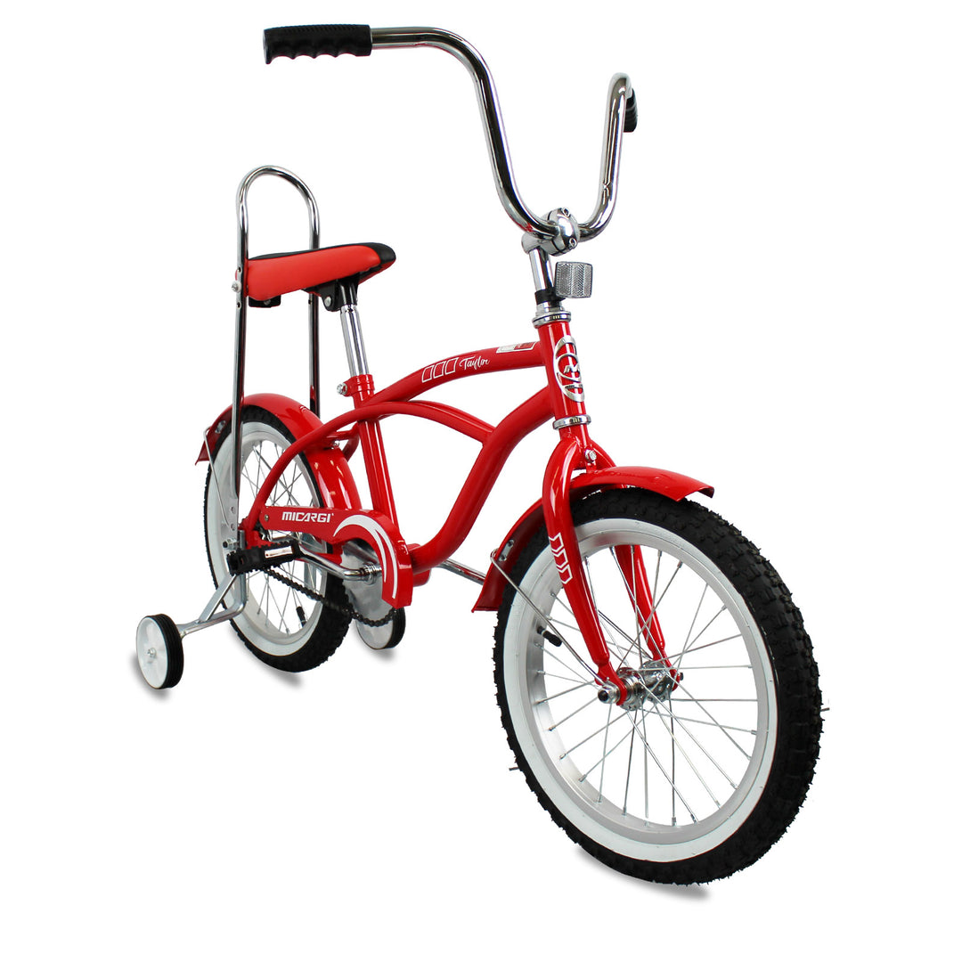 side view of Micargi Taylor kid bike with training wheel chrome handlebar