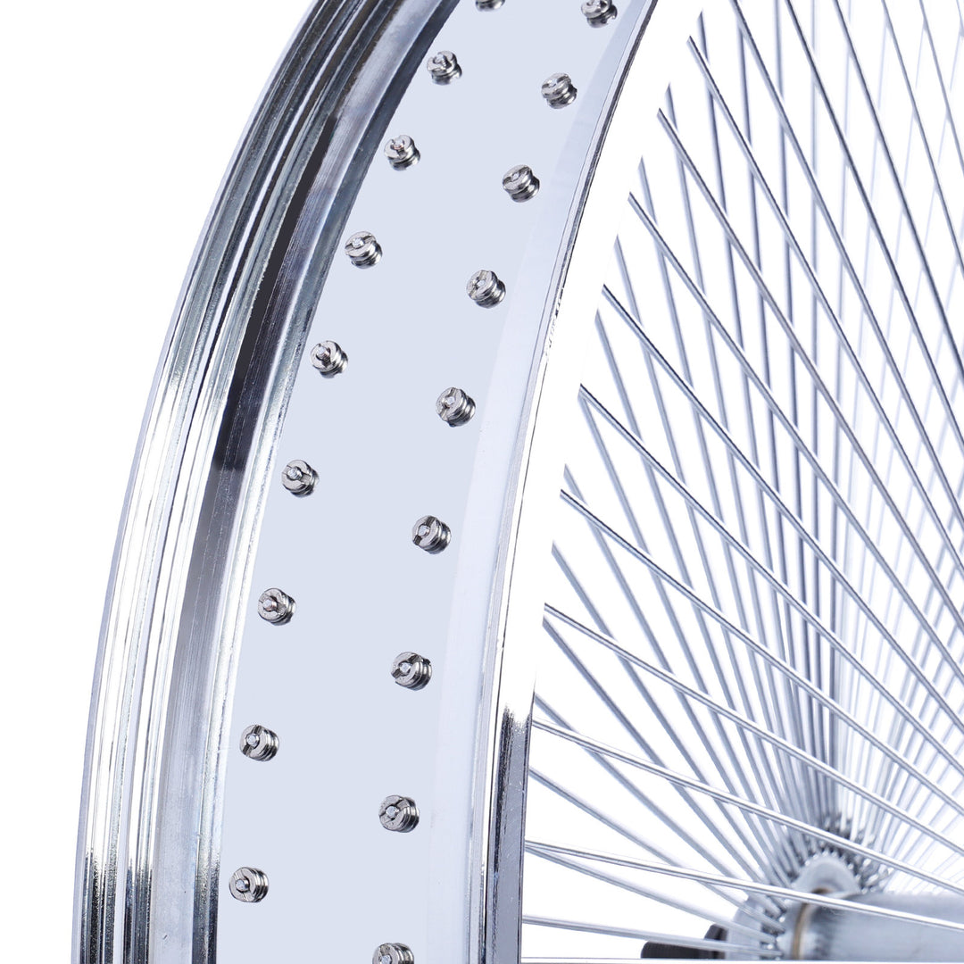 Close up of Micargi 26*3 Alloy Chrome Fat Rim Wheel Set with Coaster Brake