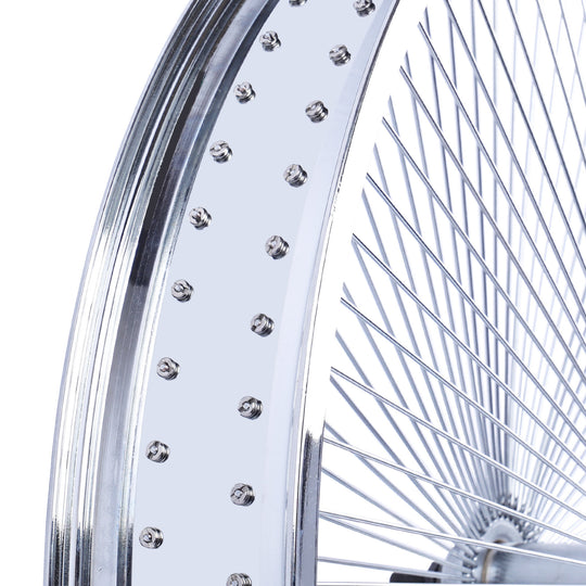 Close up of Micargi 26*3 Alloy Chrome Fat Rim Wheel Set with Coaster Brake