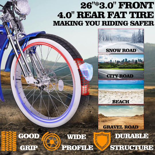 Tracer Twenty5 GTS Chopper Cruiser E-Bike 500W gravel beach snow city riding