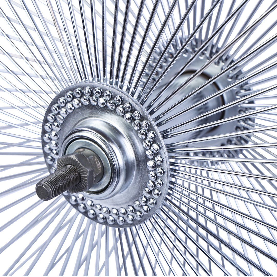 close up of Micargi 26*3 Alloy Chrome Fat Rims Wheel Set with Coaster Brake 140 Spokes