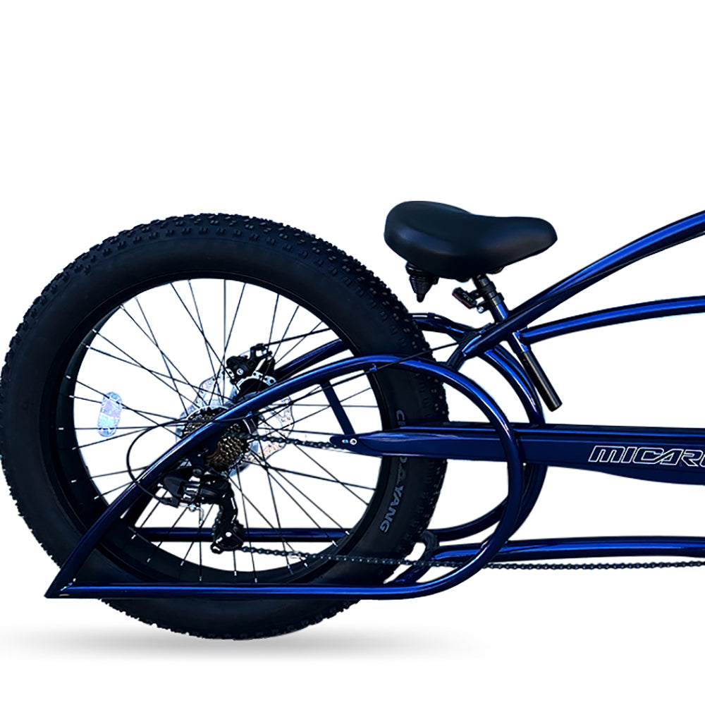Close up of Micargi Bombita XLE 7/ GT7 Chopper Stretch Cruier Bike Fat Tire 7-speed Disc Brake