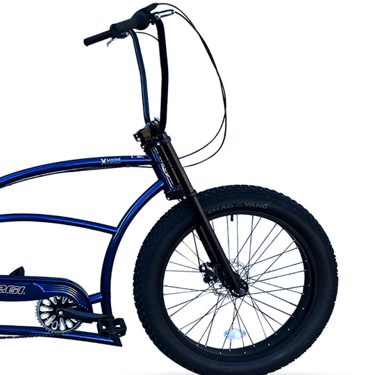 Close up of Micargi Bombita XLE 7/ GT7 Chopper Stretch Cruier Bike Hi-rise Handlebar Triple Tree Fork