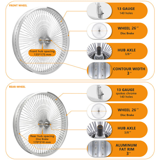 Side view of Micargi 26"X3"X13GX140H Aluminum Polish Fat Rims Wheel Set with Disc Brake for 3.0 4.0 fat tire
