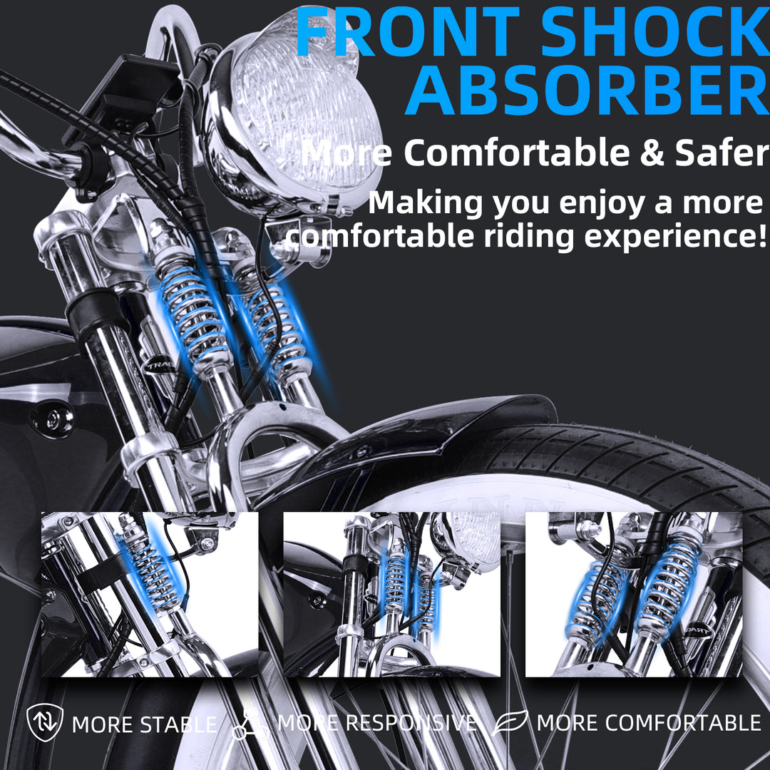 side view of Tracer Twenty5 GTS Chopper Cruiser E-Bike dual spring fork