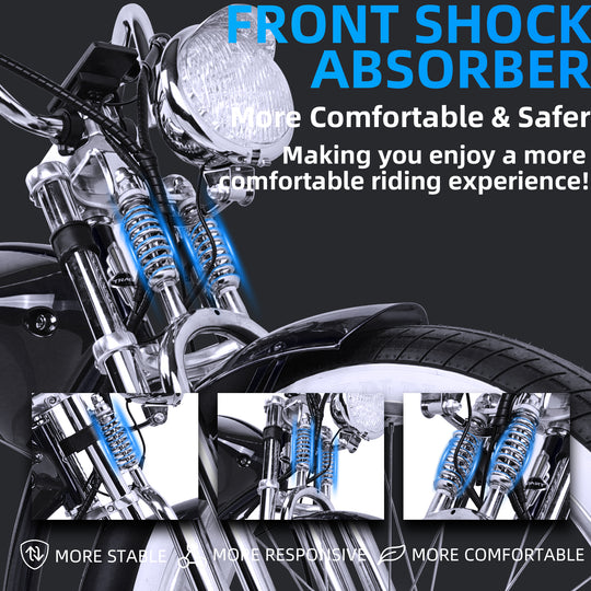 side view of Tracer Twenty5 GTS Chopper Cruiser E-Bike dual spring fork