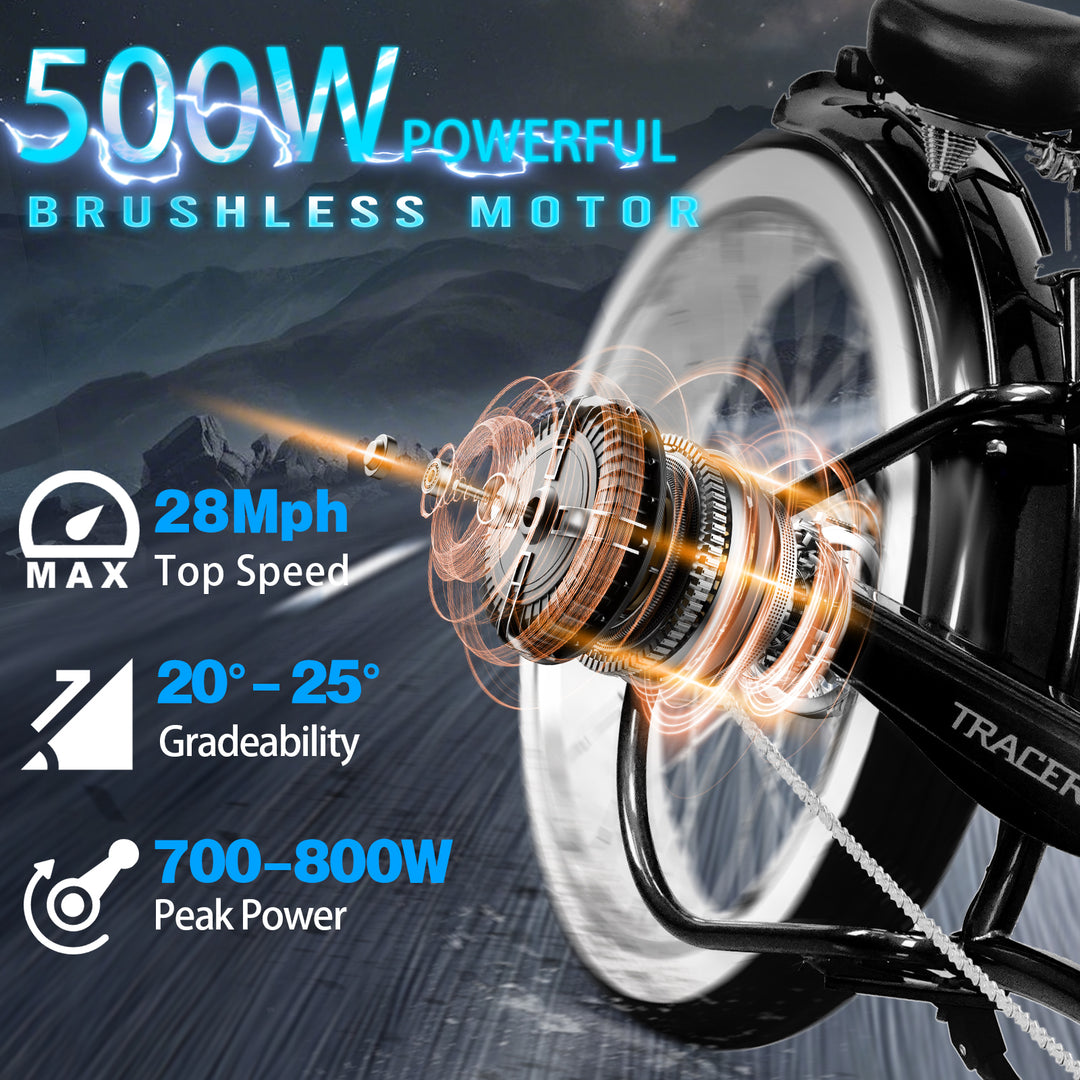 close up of Tracer Twenty5 GTS Chopper Cruiser E-Bike powerful 500W rear hub motor