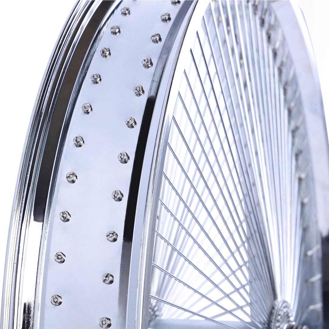 close up of Micargi 26*3 Alloy Chrome Fat Rims Wheelset 140 Spokes with Coaster Brake