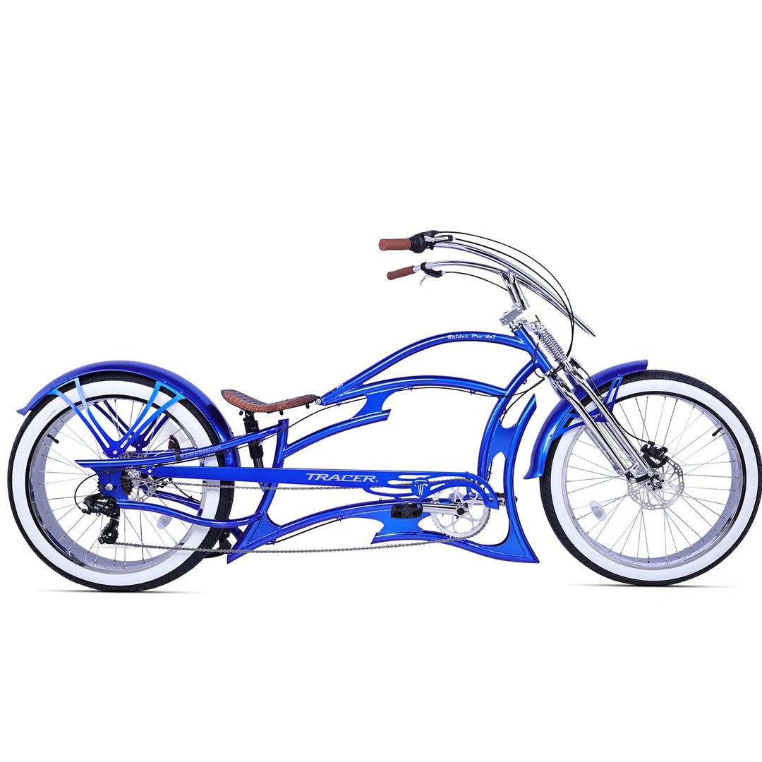 Raider pro ds 7-speed stretch chopper cruiser bike v handlebar with oversized steel frame blue coaster brake