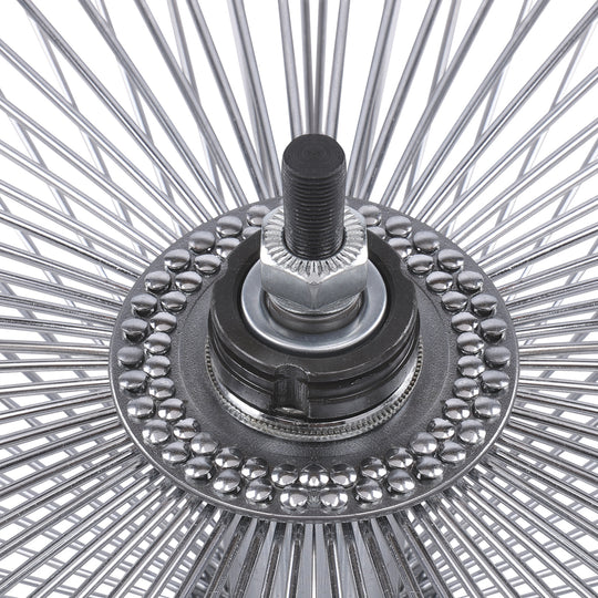 Close up of Micargi 26"X3"X13GX140H Aluminum Polish Fat Rims Wheel Set