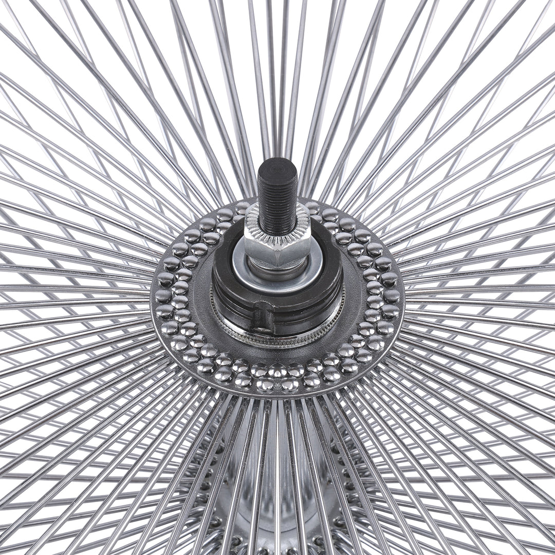 Close up of Micargi 26"X3"X13GX140H Spokes Aluminum Polish Fat Rims Wheel Set Disc Brake