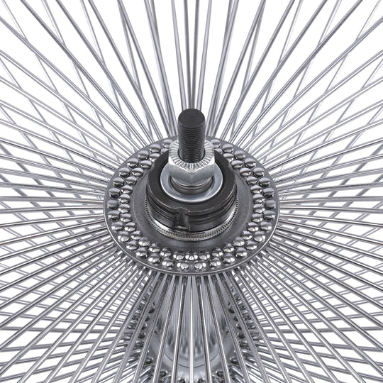 Close up of Micargi 26"X3"X13GX140H Spokes Aluminum Polish Fat Rims Wheel Set Disc Brake