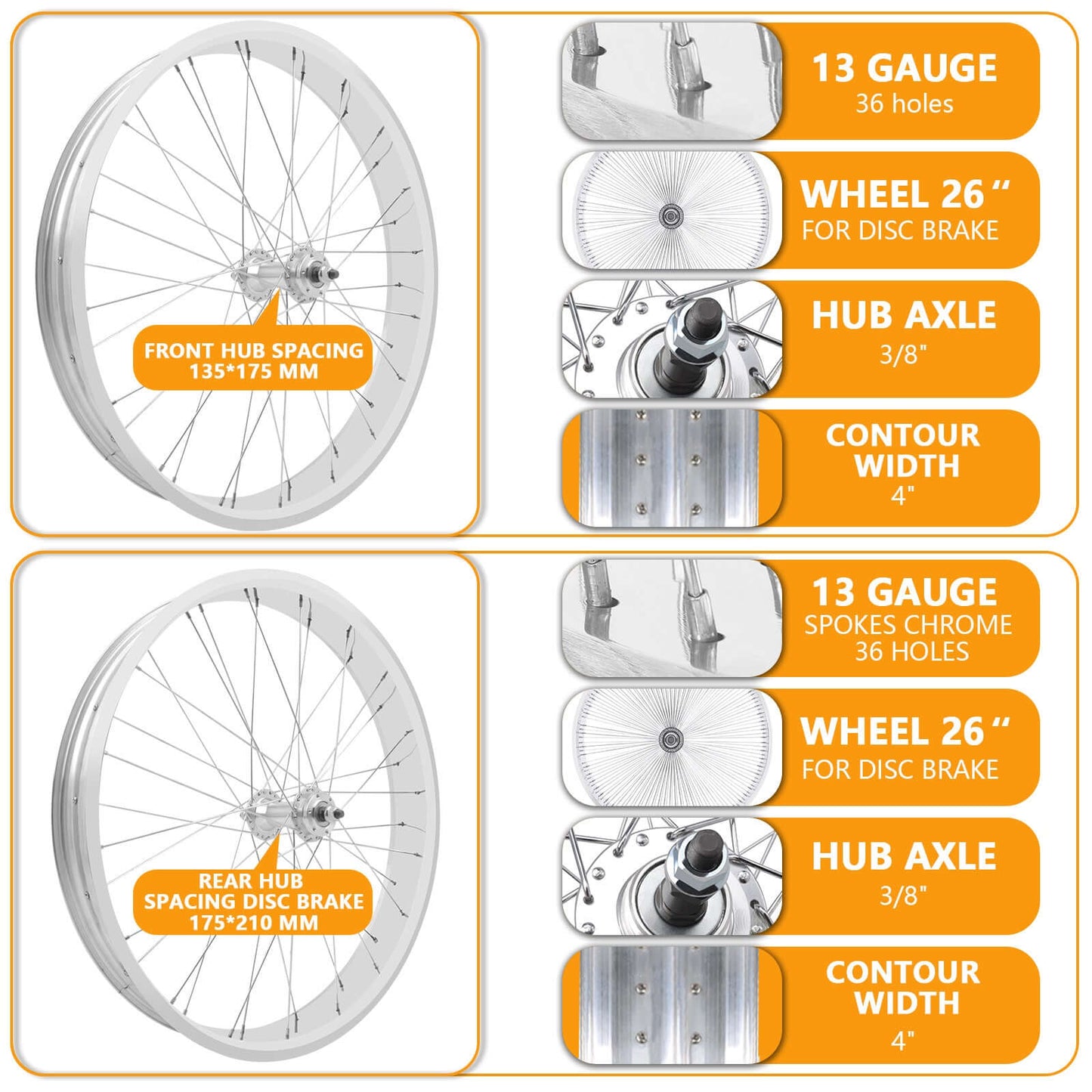 Micagi WH-T952636C 29"X4"X13GX36H Alloy FAT RIMS WHEEL SET.