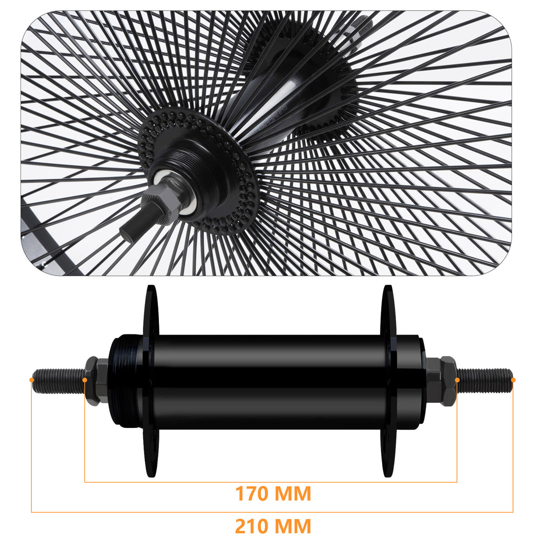 Close up of Micargi 170mm 210mm Fat Hub Wheel Set 26 inch Black