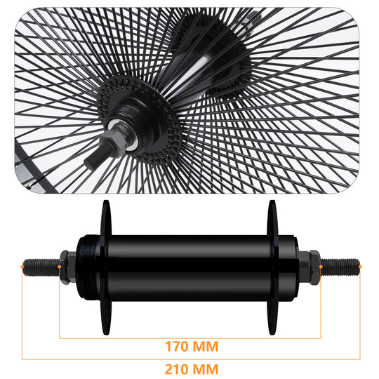 Close up of Micargi 170mm 210mm Fat Hub Wheel Set 26 inch Black