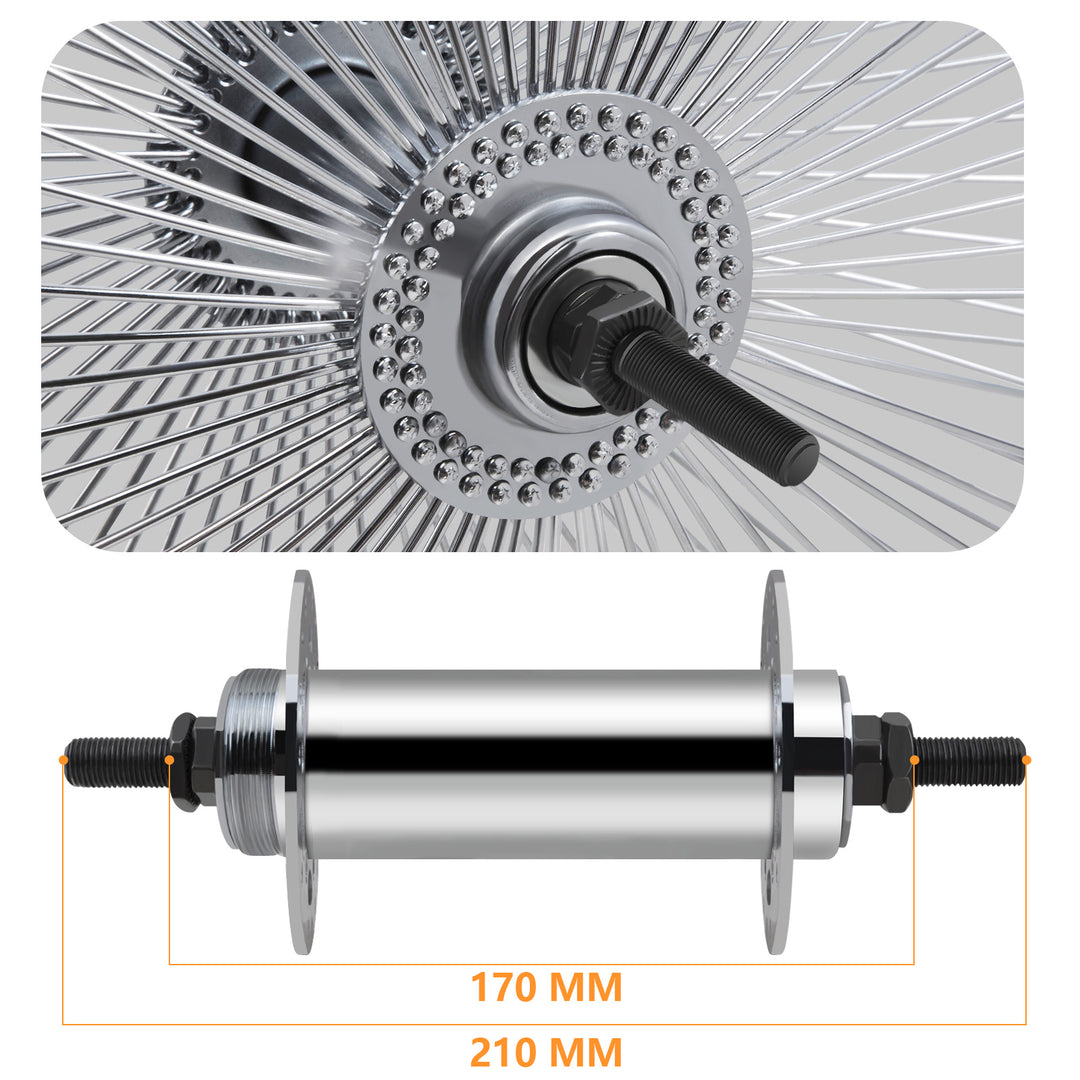 Close up of Micargi 13GX140H 170mm 210mm Fat Hub Rims Wheel Set 26" Polish