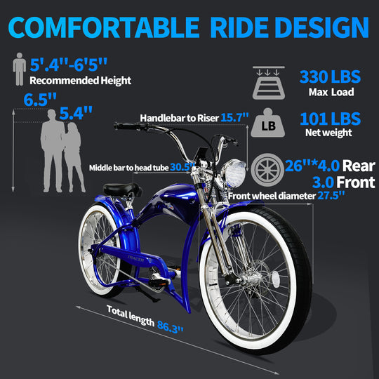 Tracer Twenty5 GTS Chopper Cruiser E-Bike 500W fit in 5.4"-6.5" fat tire