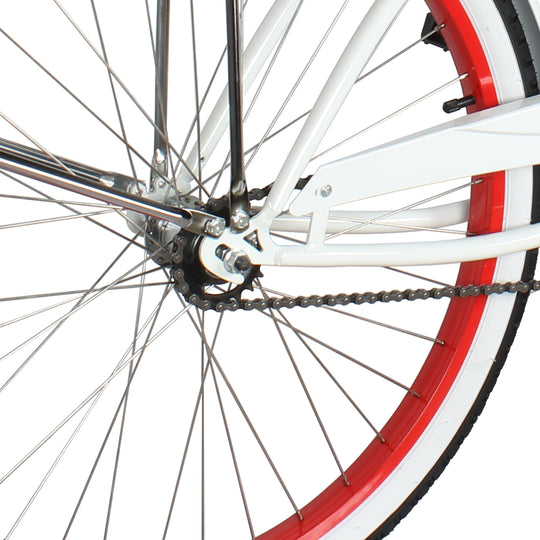 Close up of Micargi 26" Rover Beach Cruiser Bike for Men sturdy hub and spokes red rim