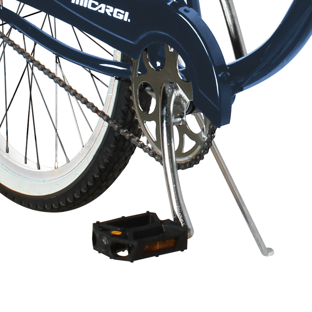 Close up of Micargi Tahiti Single Speed Beach Cruiser Bike 26 inch for men in blue sturdy crankset