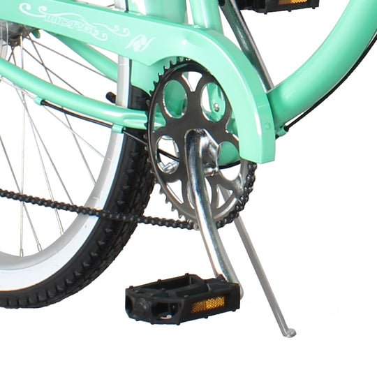 Close up of Micargi Pantera Women's Beach cruiser Bike sturdy crankset in green