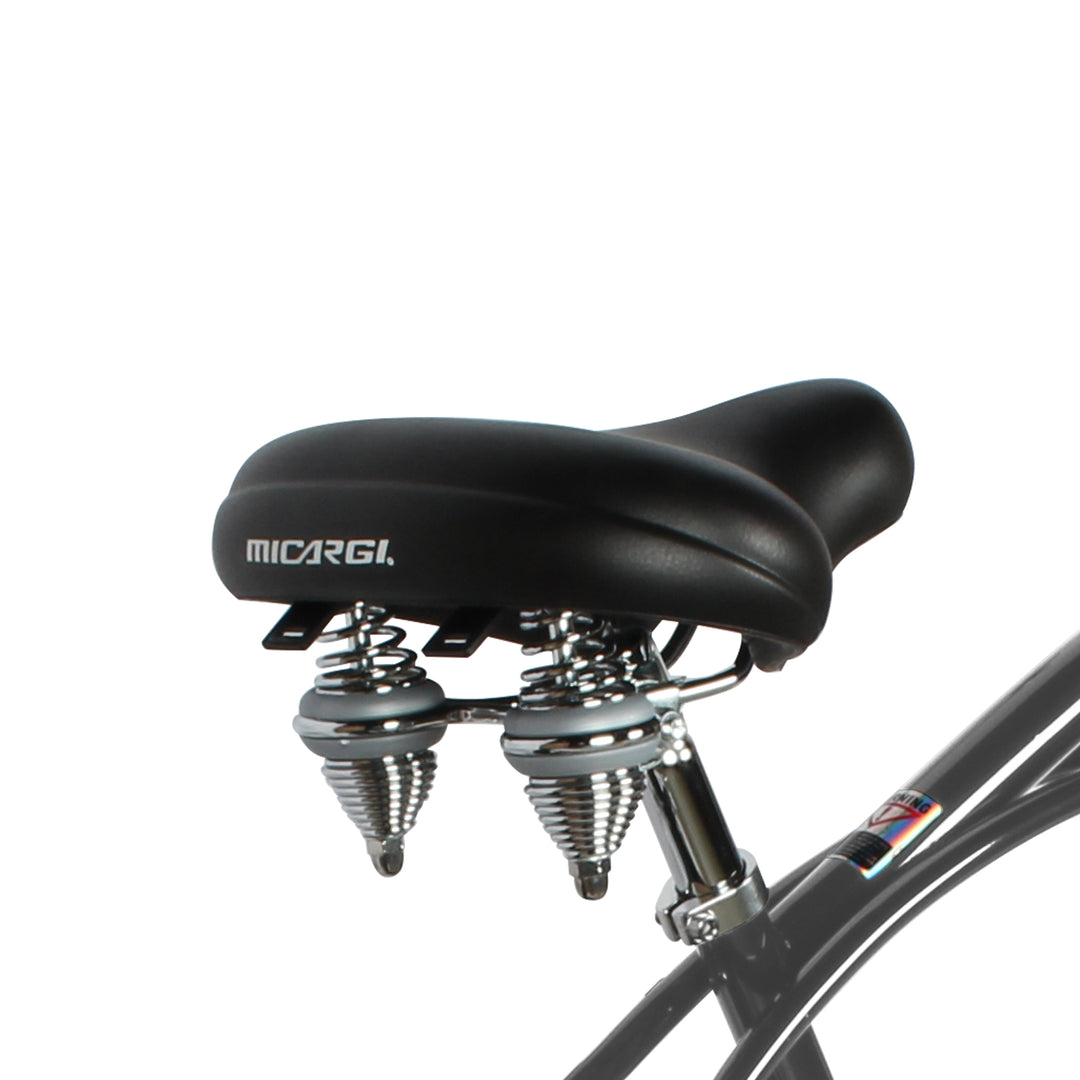 Close up of Micargi Tahiti Single Speed Beach Cruiser Bike 26 inch for men wide dual spring saddle
