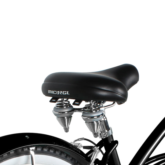 Close up of Micargi Pantera Women's Beach cruiser Bike dual spring wide saddle