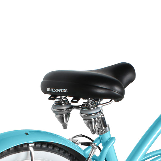 Close up of Micargi Pantera Women's Beach cruiser Bike dual spring wide saddle