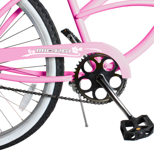 Close up of Micargi Pantera Women's Beach cruiser Bike sturdy cranset 1 Speed in pink