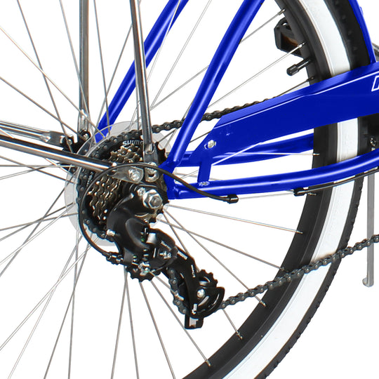 Close up of Micargi 26" Rover Beach Cruiser Bike for Men 7-speed sturdy spokes and hub
