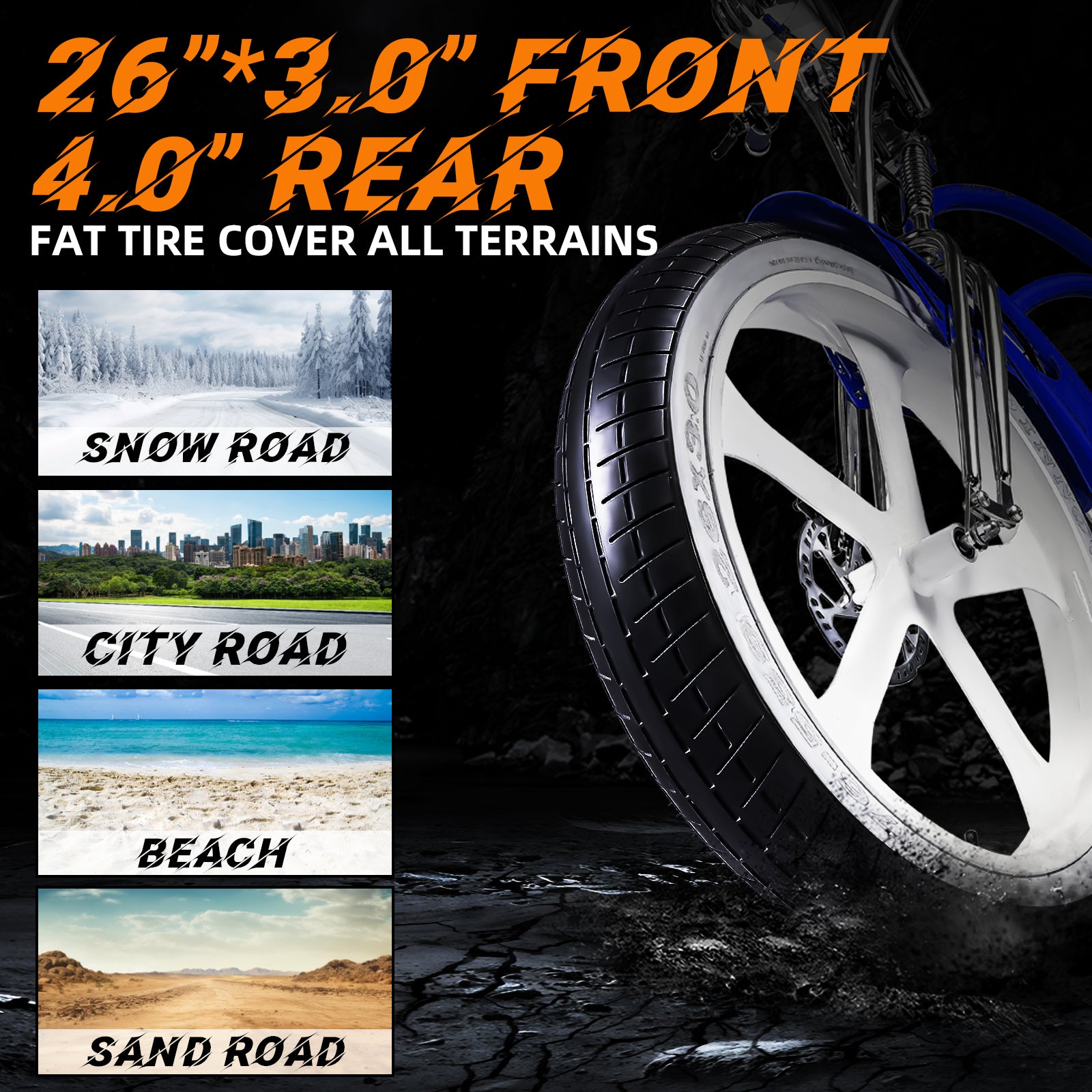 Tracer Raptor Stretch Cruiser Chopper E-bike fat tire snow city beach sand riding