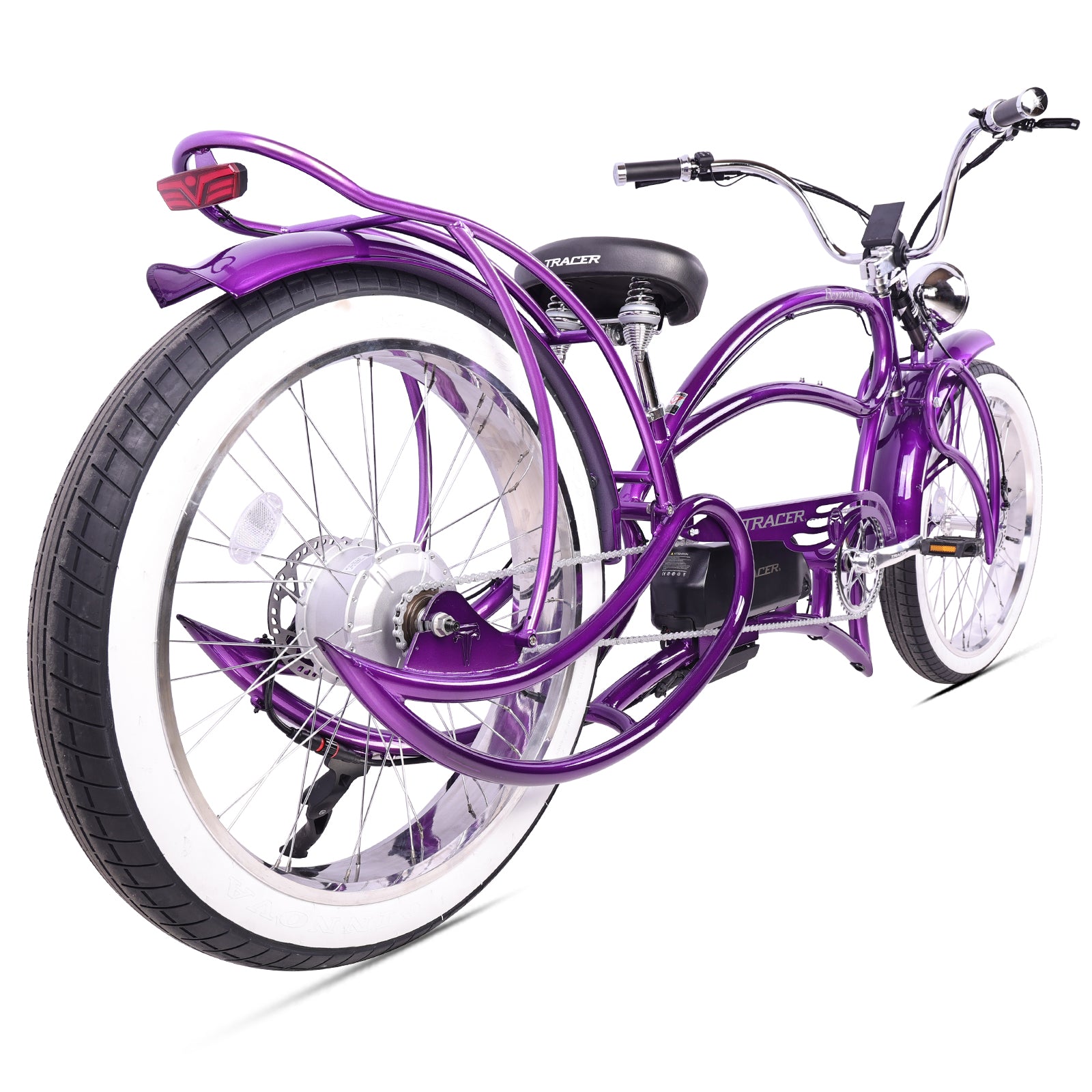 Side view of Tracer Beyond Cruiser E-bike 800W rear hub motor with rack in purple