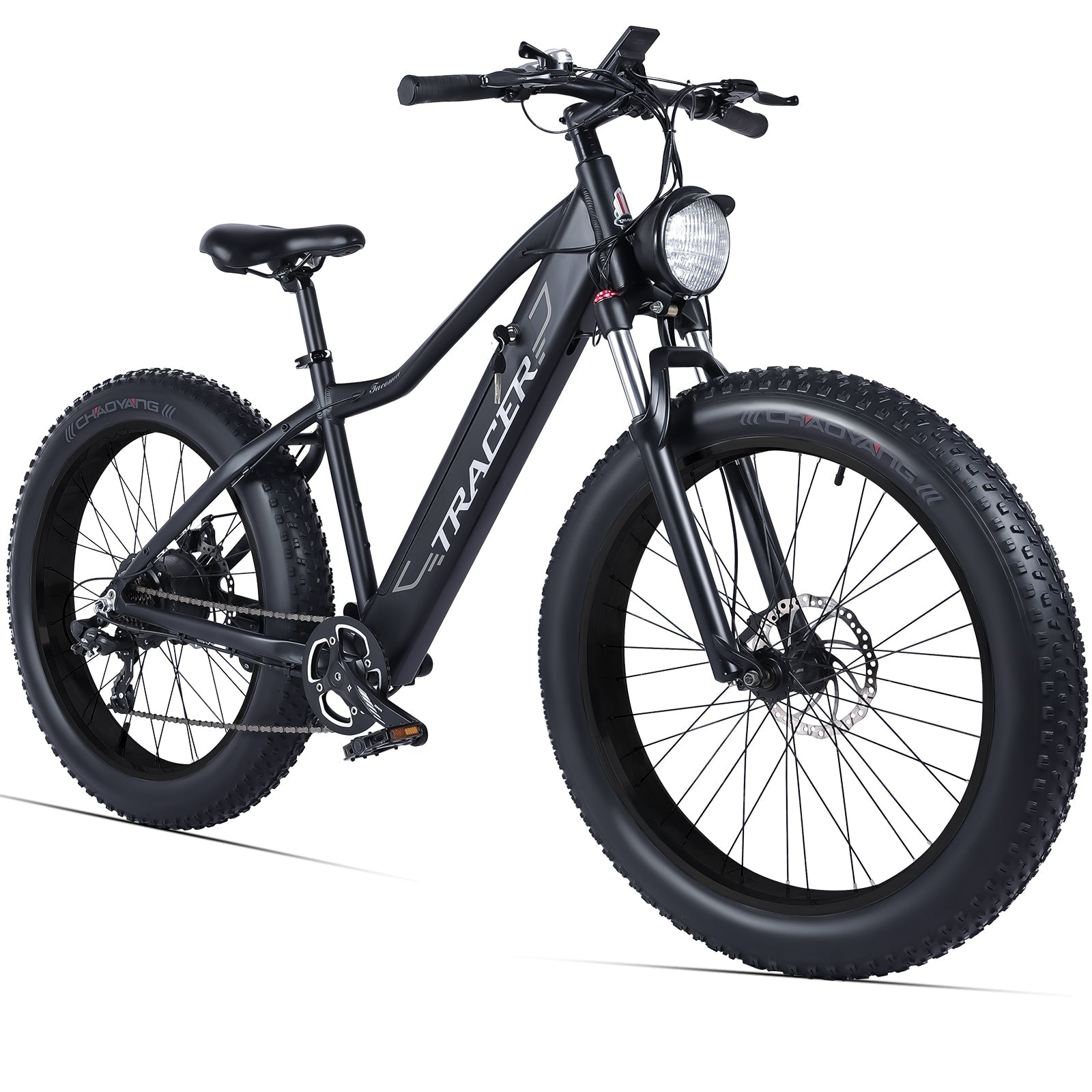 Side View of Tracer Tacoma Fat Tire Electric Mountain Bike in Matte Black Disc Brake Bright Light