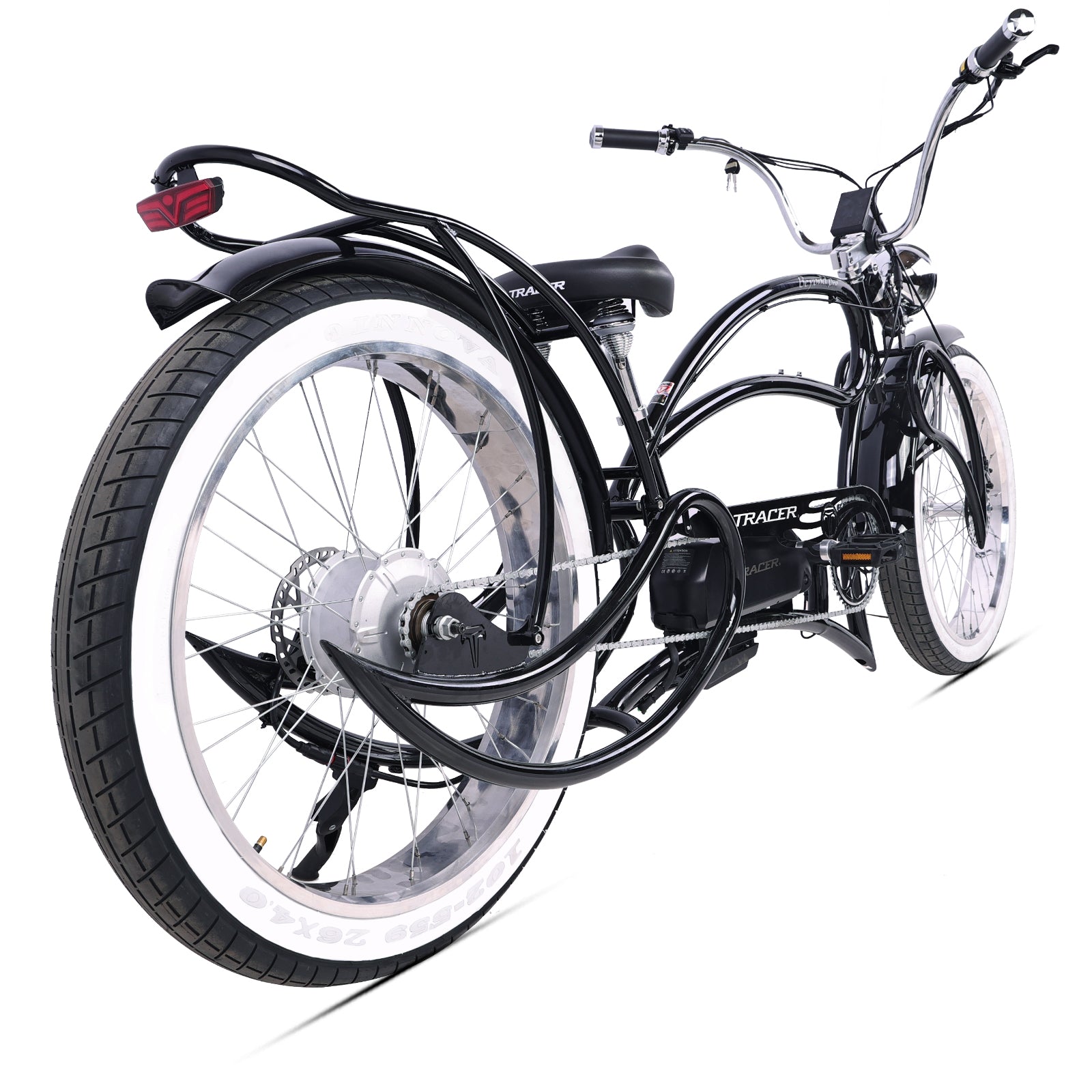 Side view of Tracer Stretch Cruiser Electric Bike 800W Rear Hub Motor Disc Brake in Black