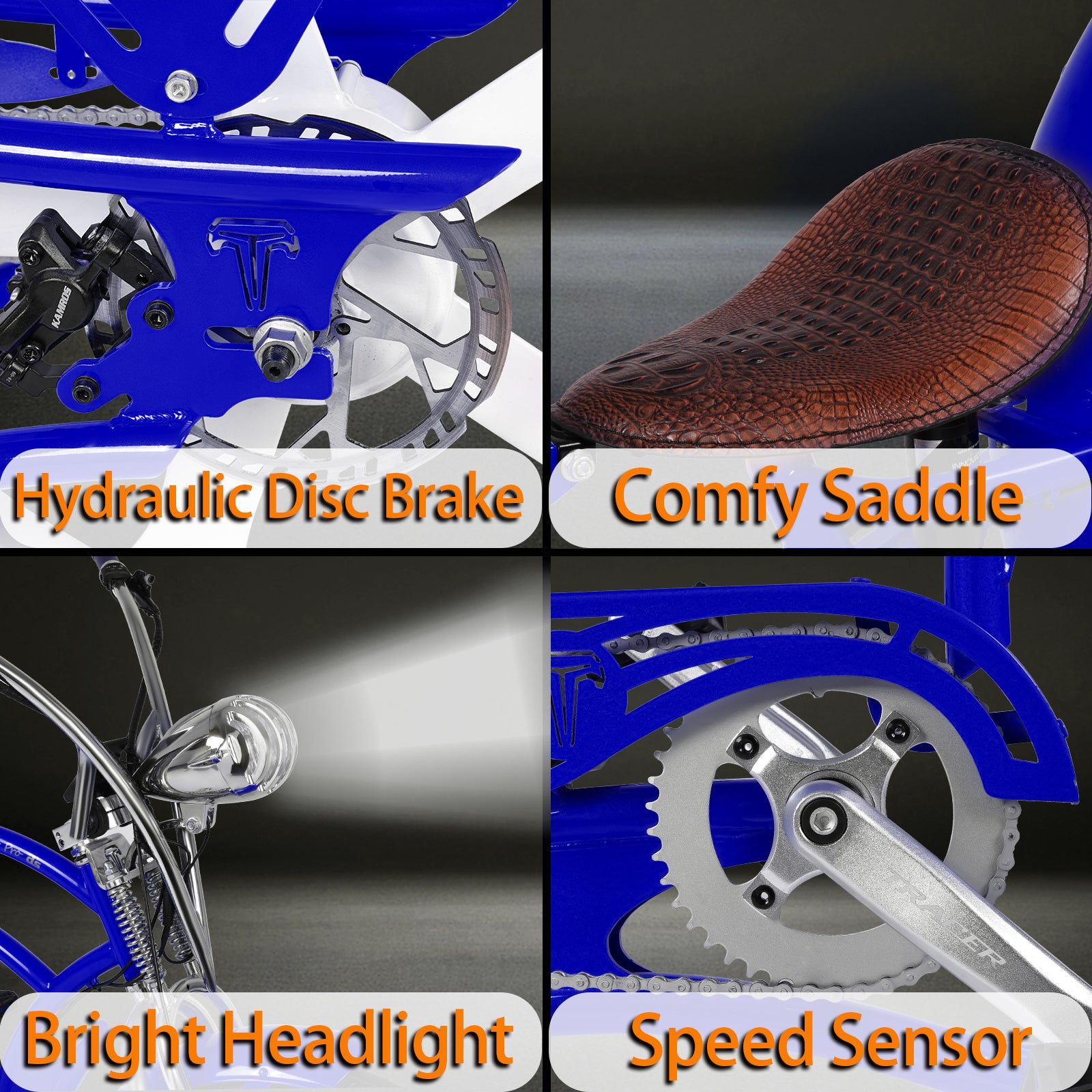 close up of Tracer Raptor Stretch Cruiser Chopper E-bike suspension saddle disc brake