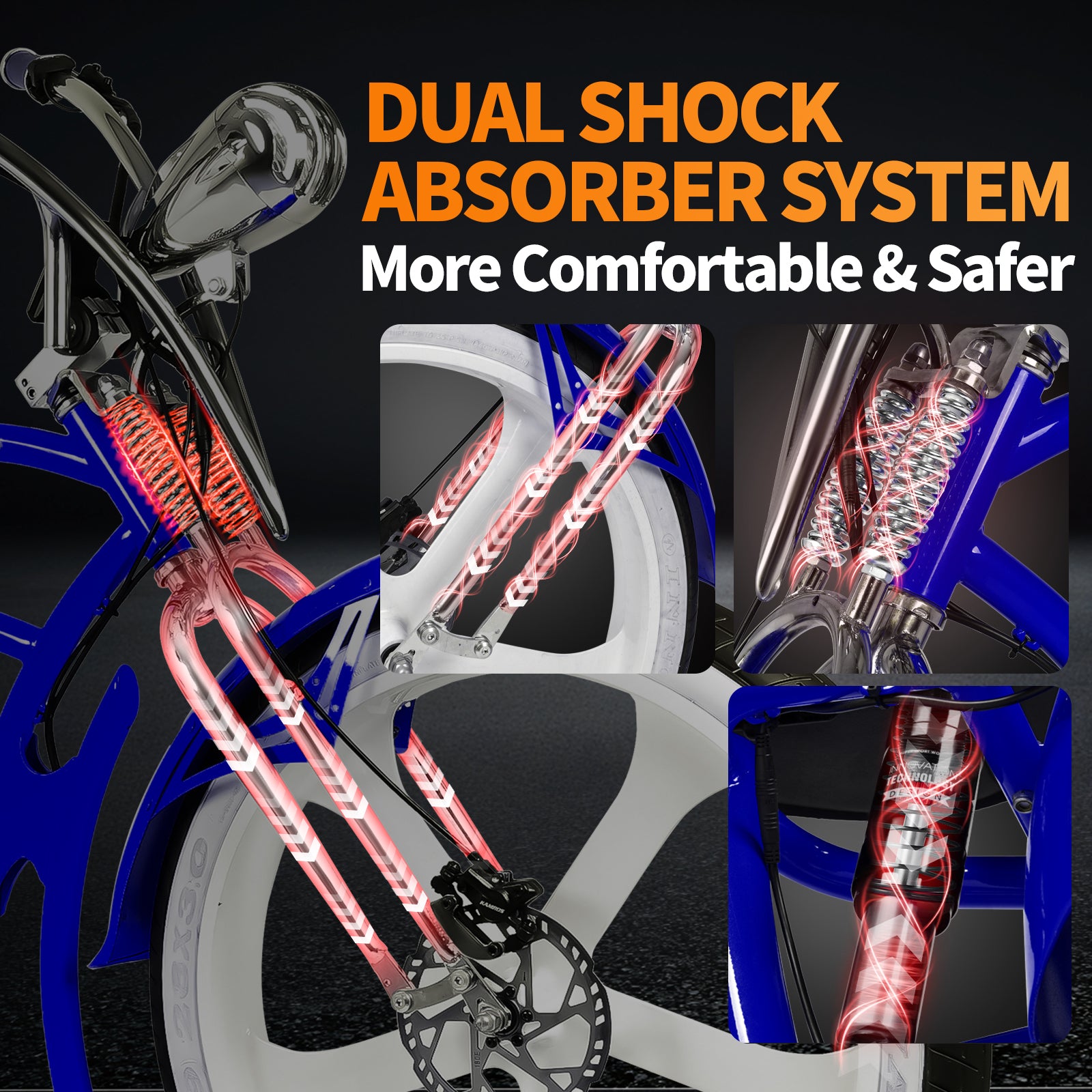 close up of Tracer Raptor Stretch Cruiser Chopper E-bike dual spring shock absorber front fork