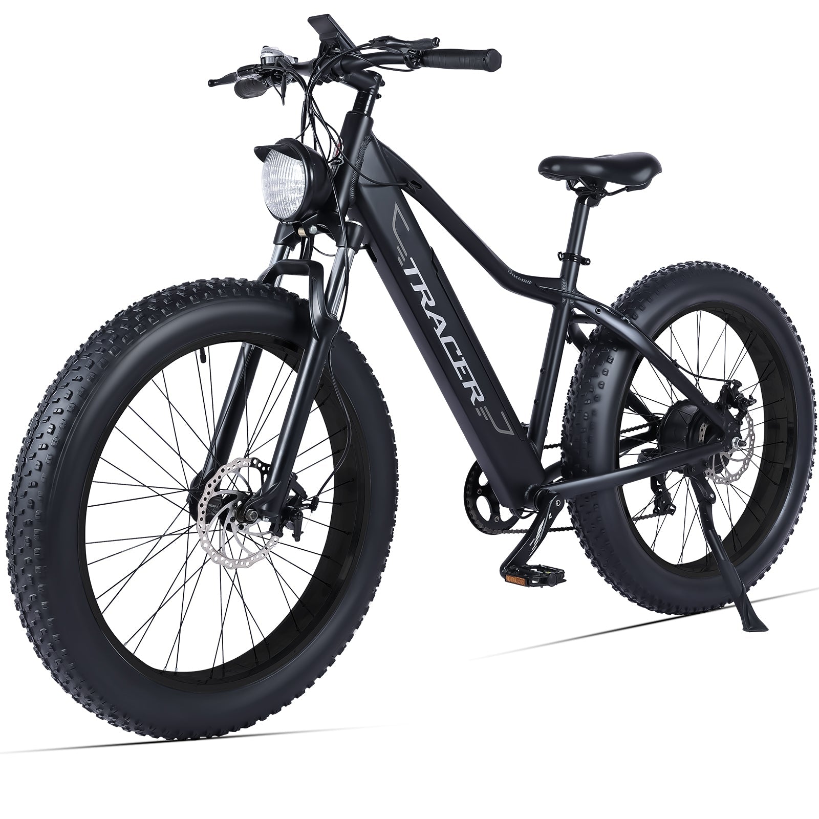 Side View of Tracer Tacoma Fat Tire Mountain E-bike in Black 26 inch Disc Brake Flat Handlebar