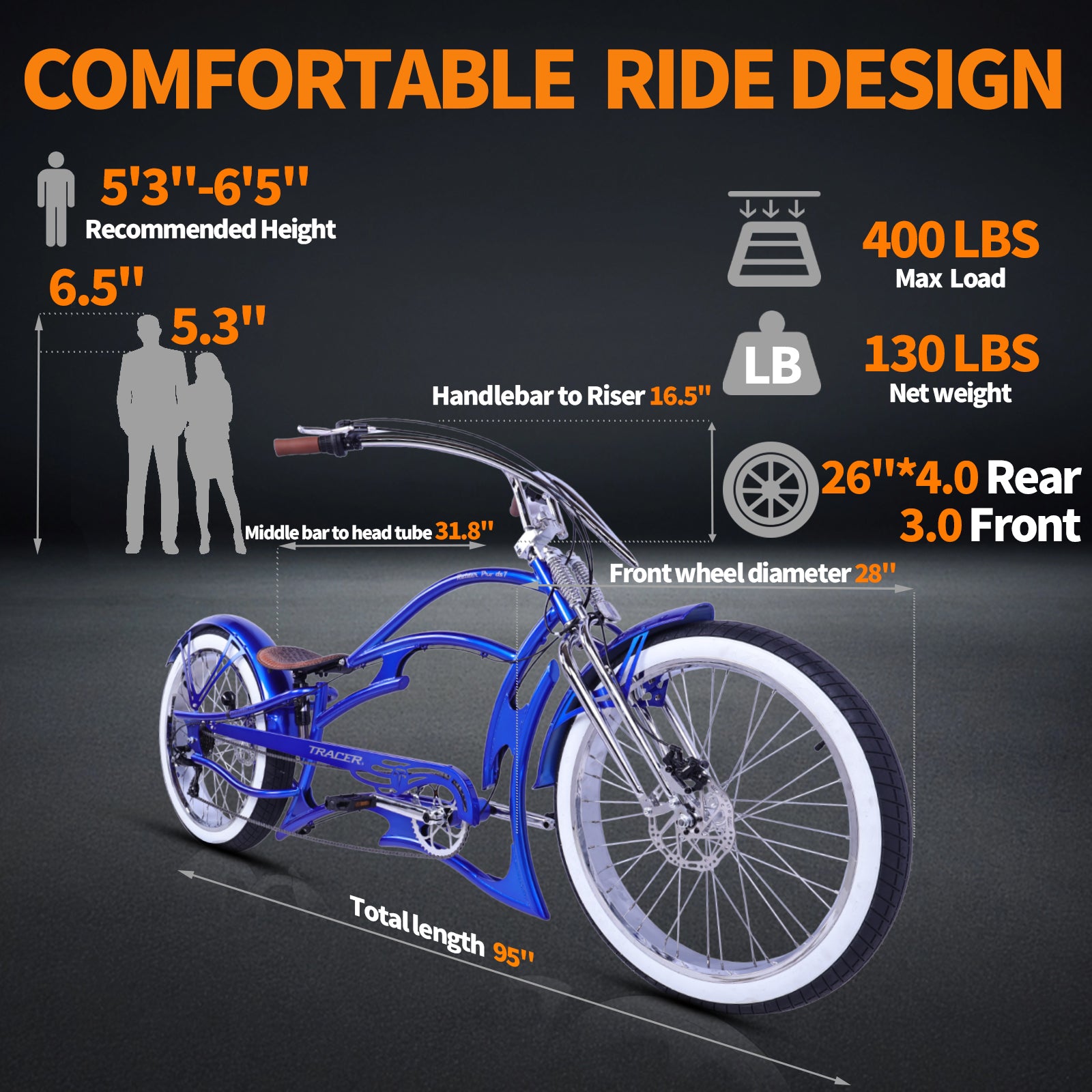Tracer Raptor Stretch Cruiser Chopper E-bike fit in 5.3"-6.5" 400lbs max load
