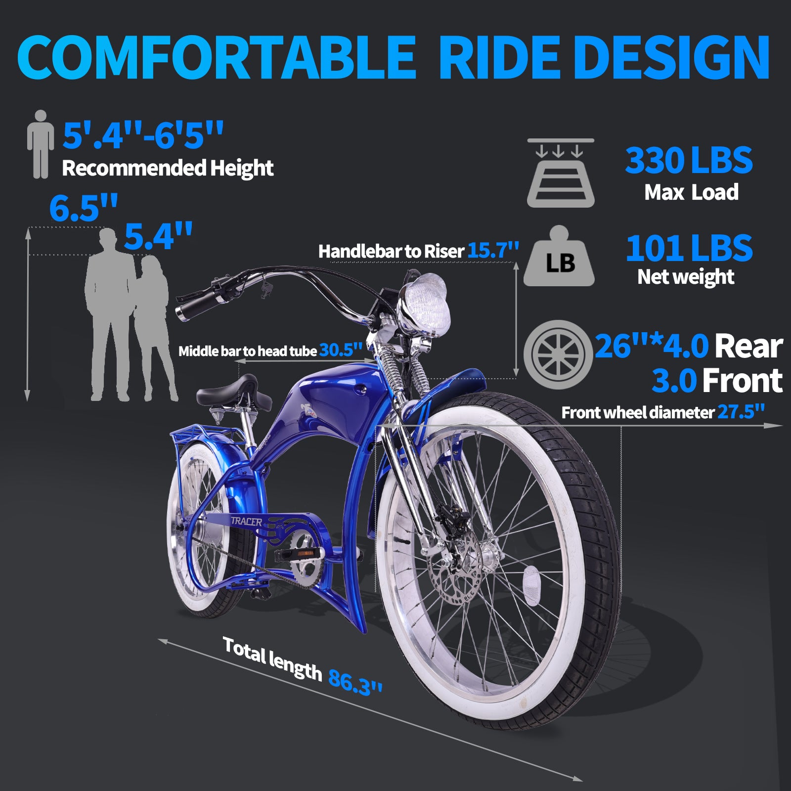 Tracer Twenty5 DS 800W Electric Chopper Bike fit in 5.4"-6.5" 330lbs max load fat tire