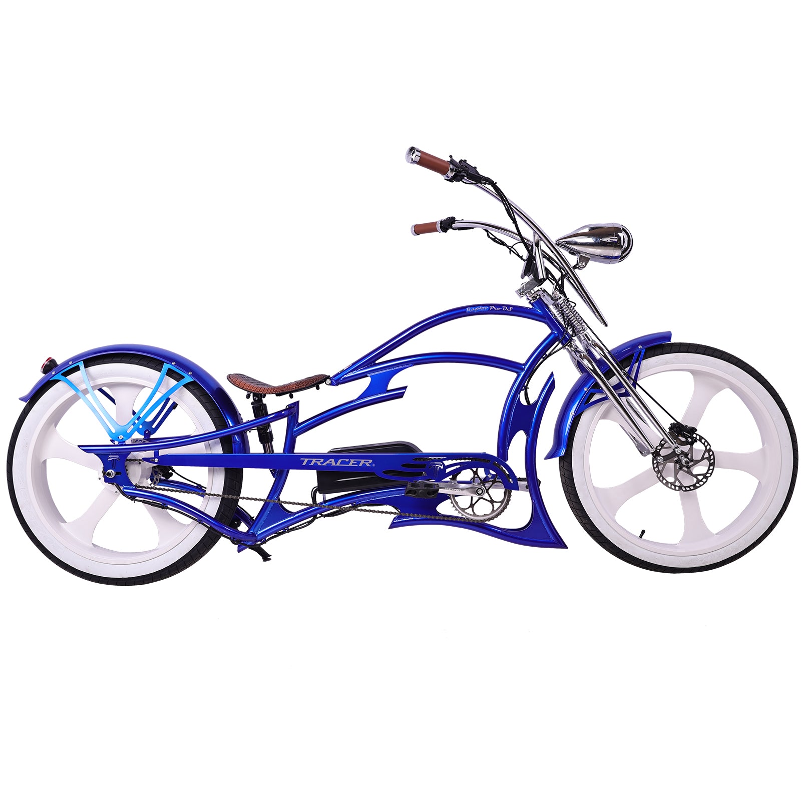 side view of Tracer Raptor Stretch Cruiser Chopper Ebike oversized frame fat tire