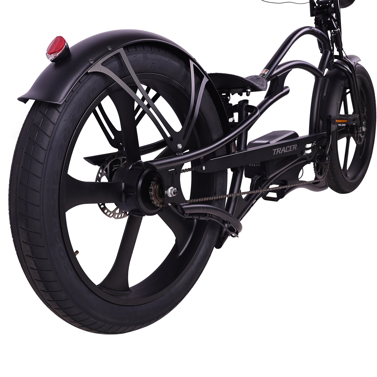 side view of Tracer Raptor Stretch Cruiser Chopper Ebike matte black disc brake